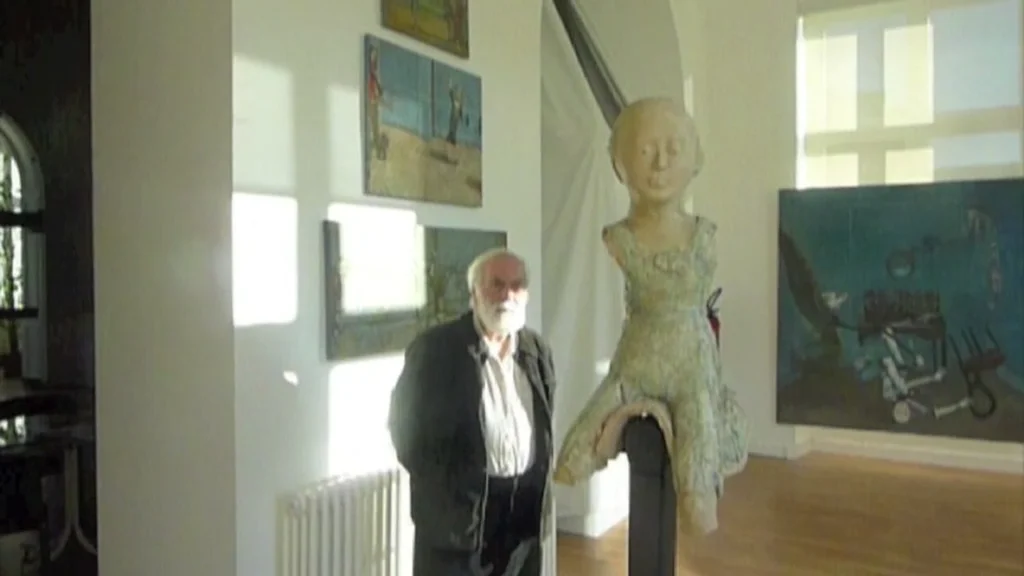View of the exhibition of paintings and sculptures, taken from the film