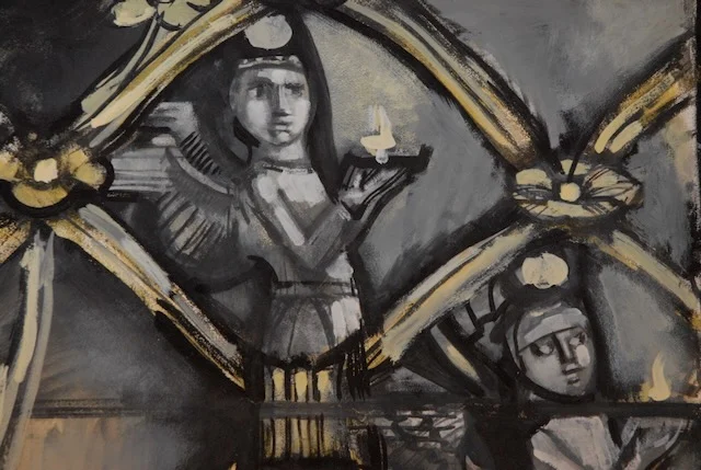 Detail of painted glass: an angel.